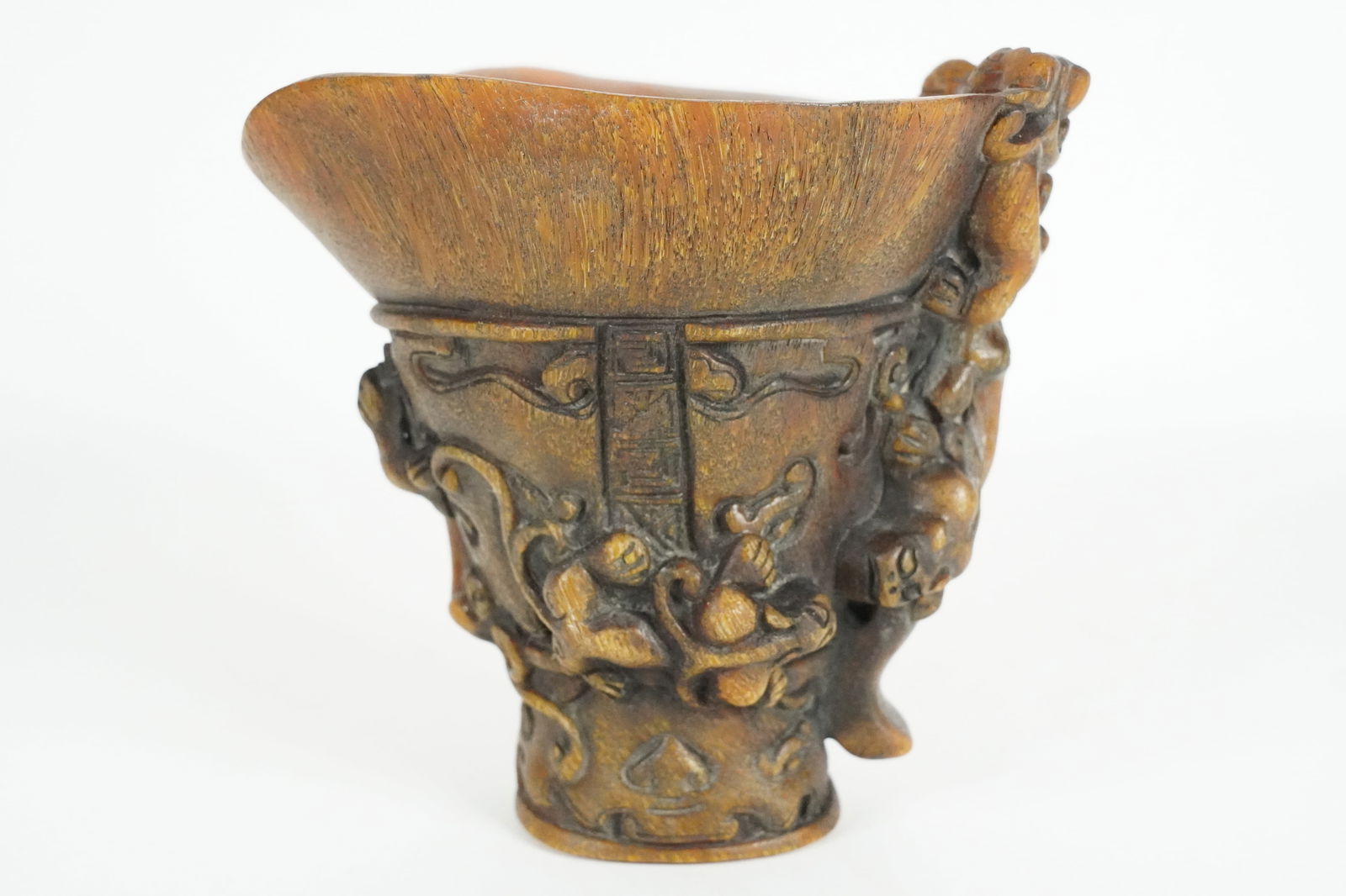 Chinese fine carved cup: Chinese fine carved cup. H: 5" x W: 5.5."
