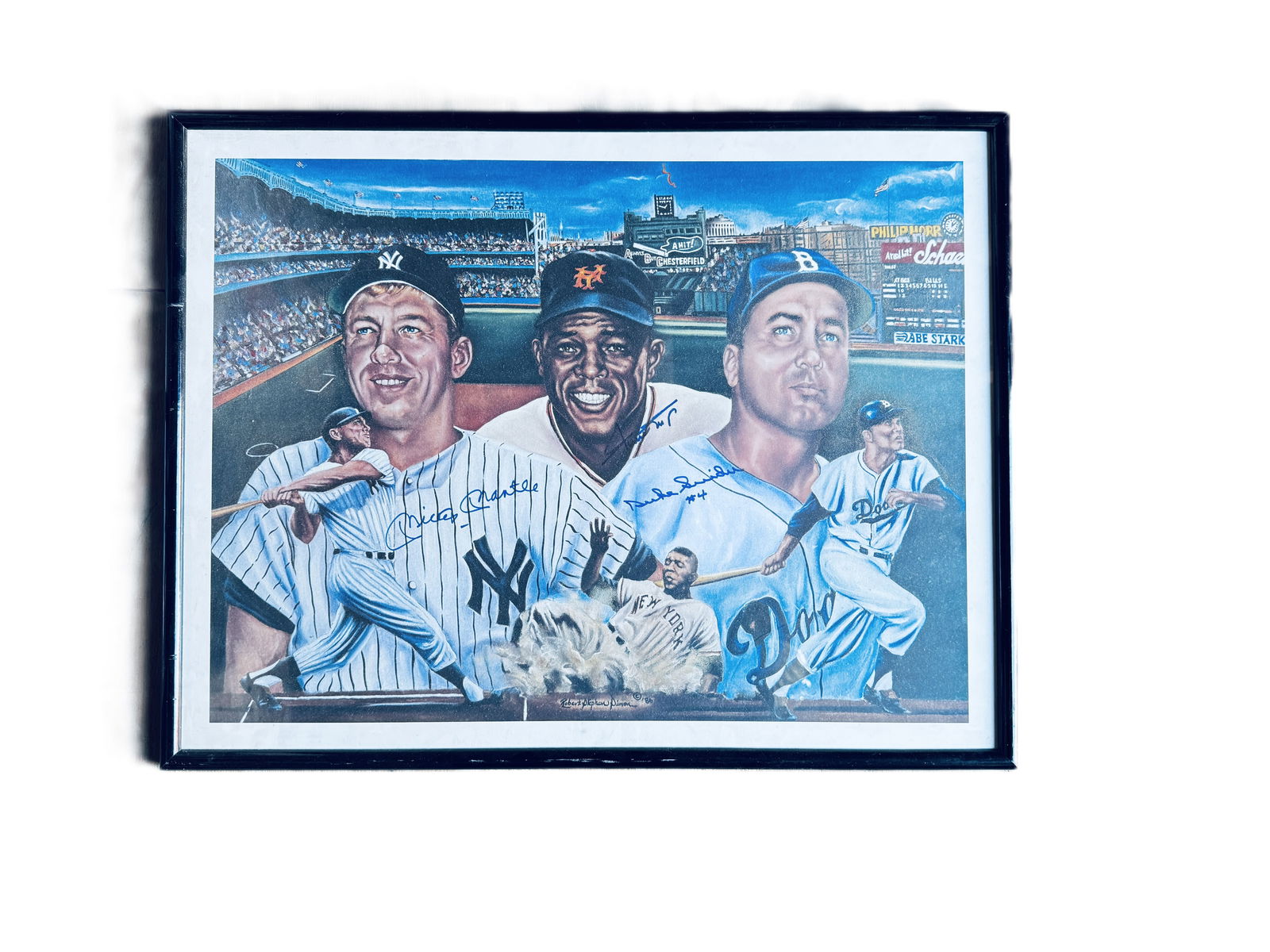 Mantle Snider Mays signed art: A vintage Mickey Mantle, Duke Snider, and Willie Mays hand signed art with PSA certificate of authenticity.