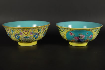 2 Chinese fine yellow bowl