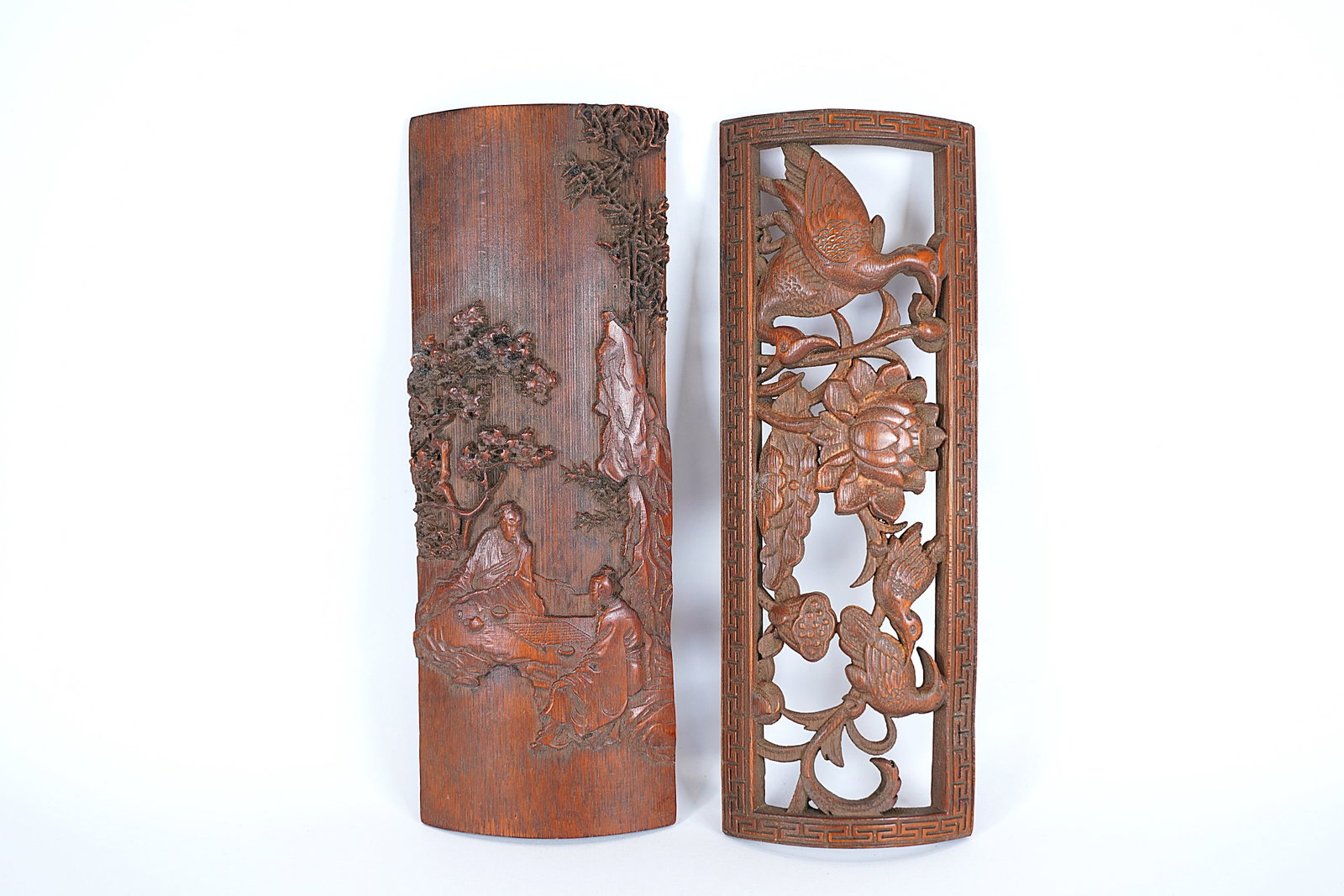 2 Chinese carved arm rest: 2 Chinese finely carved arm rest. From an estate. Largest H: 10" x W: 3.5."