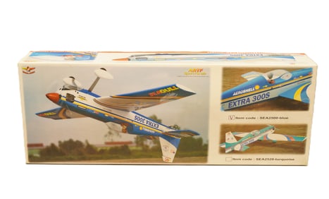 A vintage model airplane, with original box. H: 40.5" x W: 14.75."