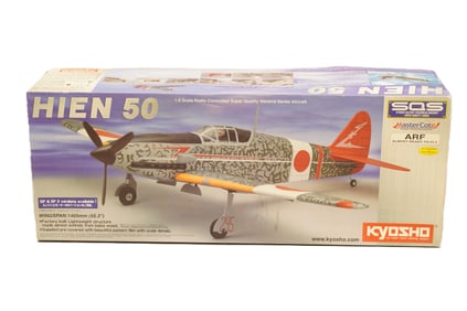 A vintage model airplane, with original box. H: 40.5" x W: 14.75."
