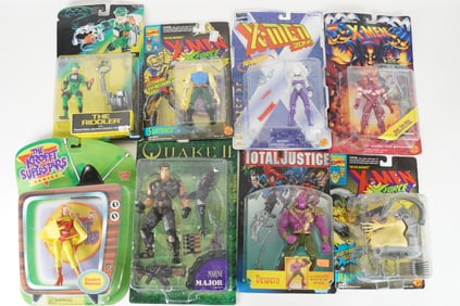 Lots vintage action figure in original box. Largest H: 13" x W: 8."
