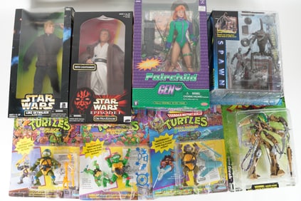 Lots vintage action figures in original box. Largest H: 13.25" x W: 7."