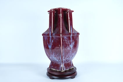 Chinese fine red tube vase. H: 14" x W: 6.5."
