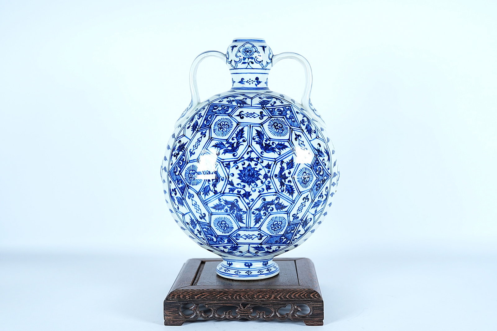 Chinese fine blue and white flask vase. H: 11.5" x W: 9." (1 of 7)