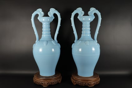 2 Chinese important fine tall handled vase. H: 21" x W: 9."