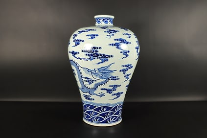 Chinese important fine blue and white dragon vase. From an estate. H: 15.5" x W: 10."