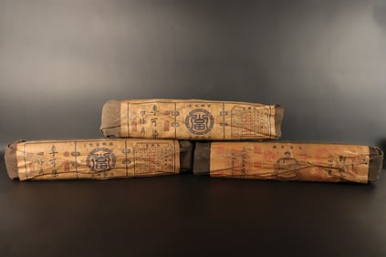 Lots Chinese heavy scrolls, sealed in leather.