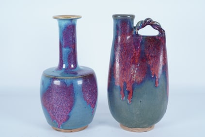 2 Chinese fine purple porcelains. Largest H: 9" x W: 4.6."