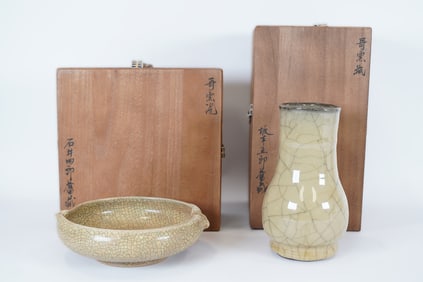 2 Chinese fine crackled porcelains with wooden box. Largest H: 6.5" x W: 4."