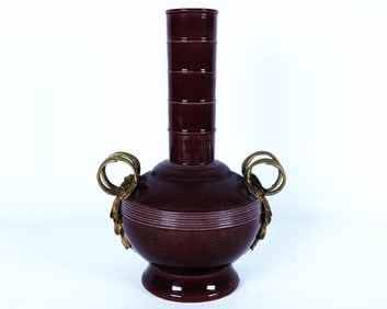 Chinese fine unsual vase, with bronze setting. H: 11" x W: 8."