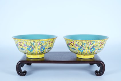 2 Chinese fine yellow bowls