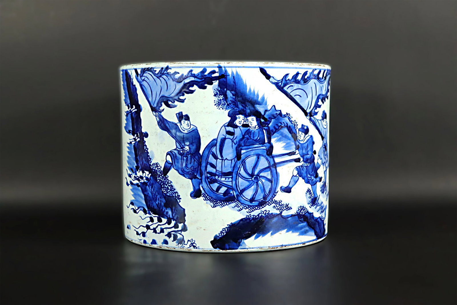 Chinese fine brush pot: Chinese fine blue and white porcelain brush pot. H: 6.1" x W: 7.5."