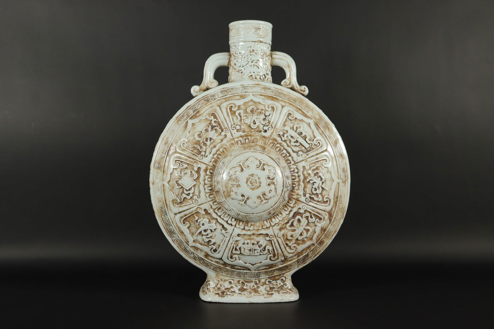 Chinese carved flask vase: Chinese fine tall carved flask vase. H: 14" x W: 10."