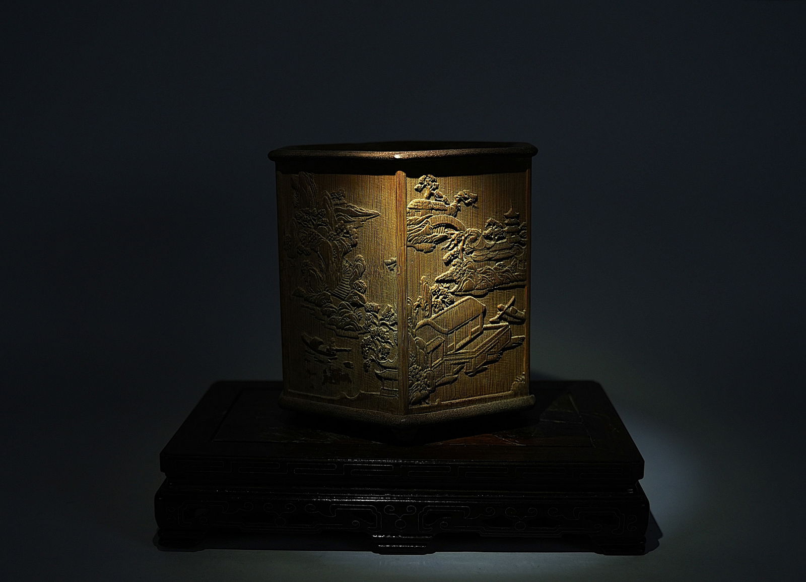 Chinese fine brush pot: Chinese finely carved brush pot. H: 7.9" x W: 7.3."