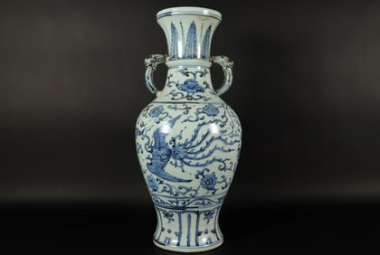 Chinese tall b/w handled vase