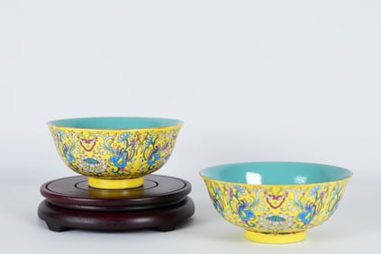 2 Chinese fine yellow bowls