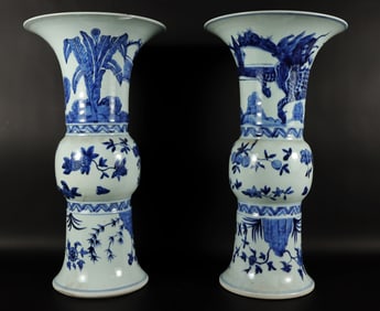 2 Chinese tall b/w vase
