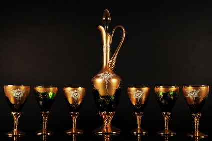 7 pc vintage Murano decanter set 24 kt