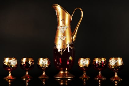 7 pc vintage Murano decanter set 24 kt