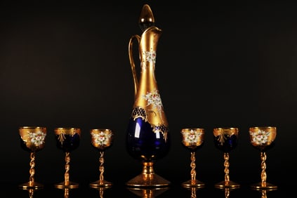 7 pc vintage Murano decanter set 24 kt