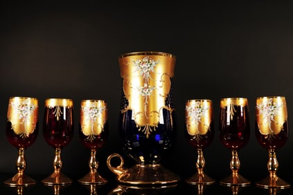 7 pc vintage Murano decanter set 24 kt