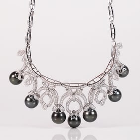 14 kt gold diamond pearl necklace