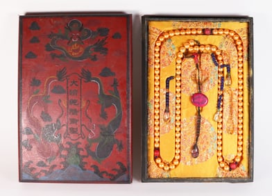 Chinese long beads in wooden box