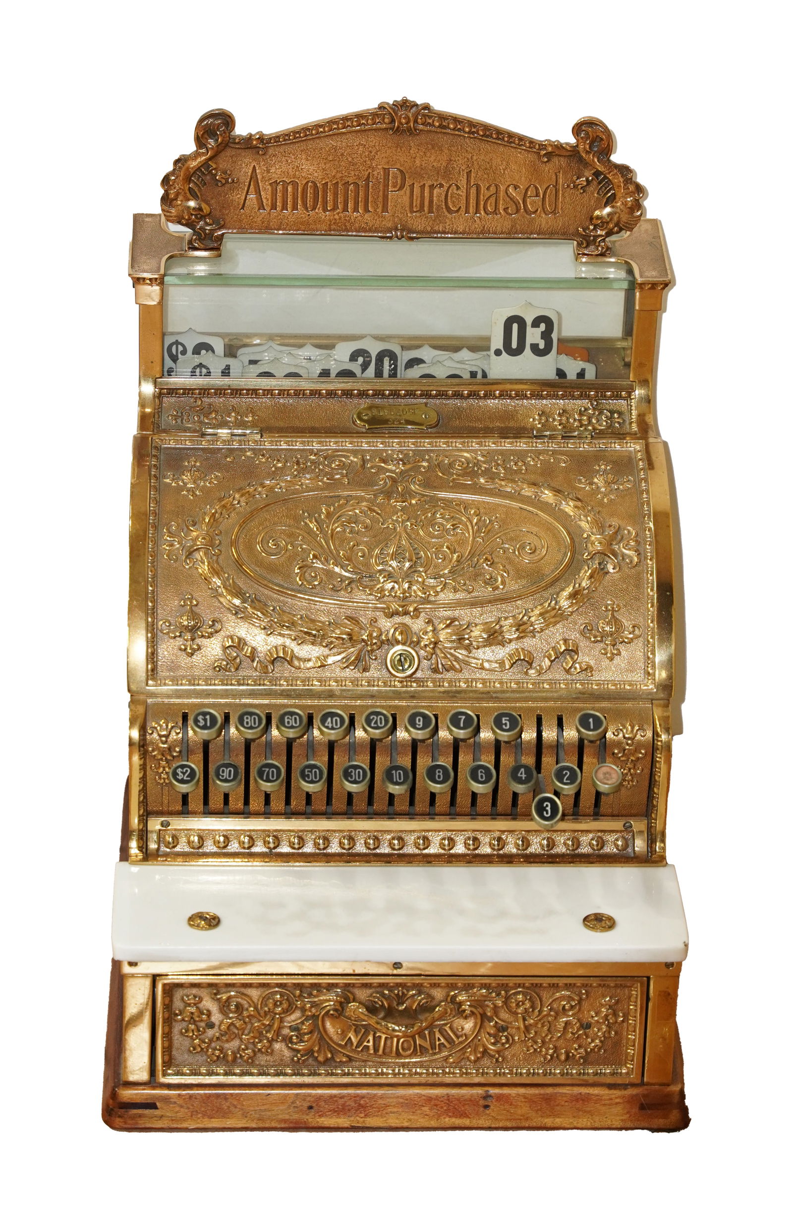 Antique National cash register: Antique National cash register, serial number S186208F-324. Marble counter and heavy in weight. H: 21.5" x W: 13.5."