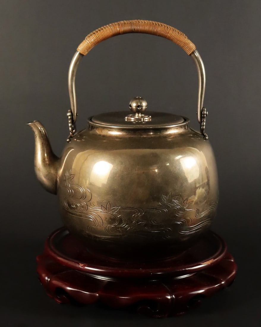 Antique Japanese silver pot: Antique Japanese fine silver part, bottom has engravings. H: 6.5" x W: 5." From a major estate.