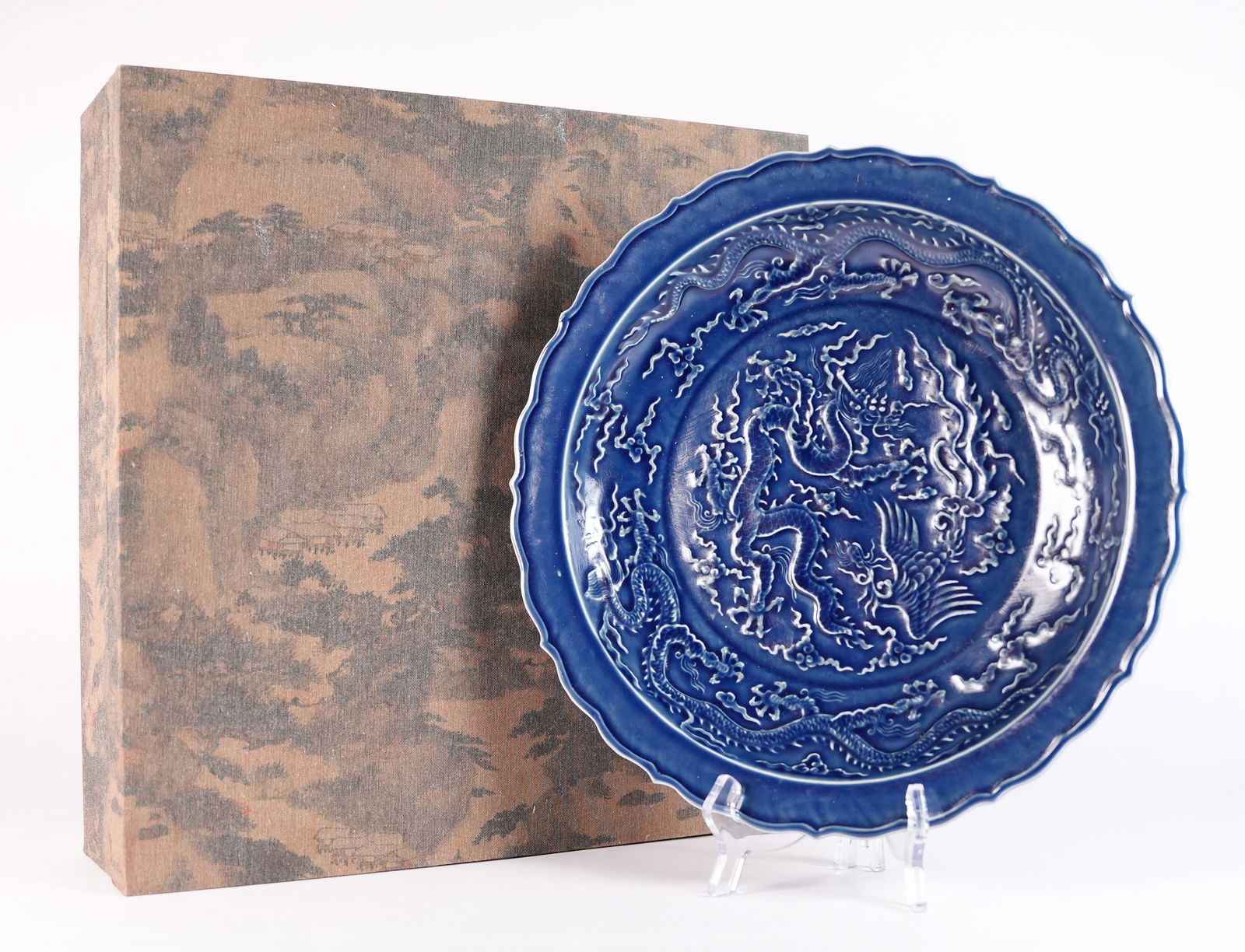 Chinese fine blue dragon plate: Chinese fine blue dragon plate with heavy silk box. H: 2.2" x W: 13."