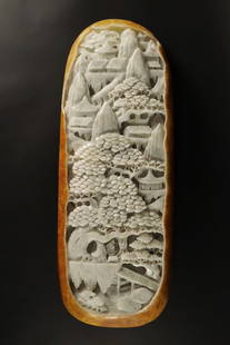 Chinese heavy boulder carving: Chinese heavy boulder fine carving. From an estate. H: 20" x W: 7."