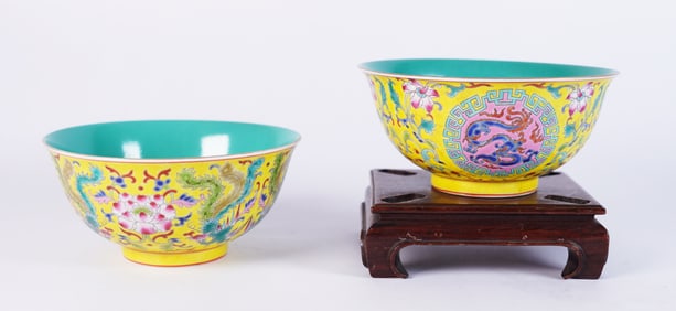 2 Chinese fine yellow bowls