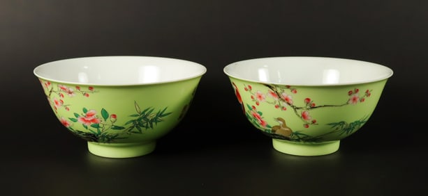 2 Chinese green bowls