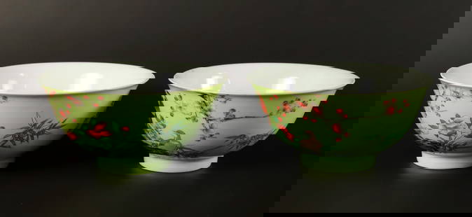 2 Chinese green bowls: 2 Chinese fine green bowls. H:3" x W: 6."