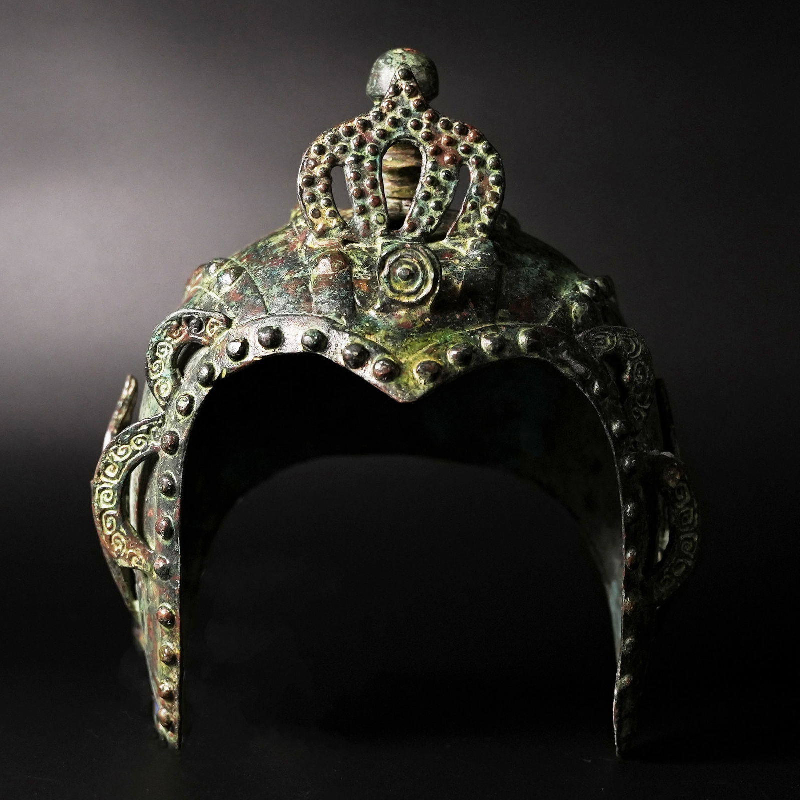 Chinese bronze helmet: Chinese bronze carved helmet. H: 10" x W: 6.6."