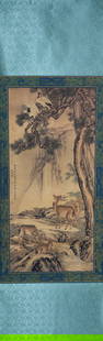 Chinese long scroll in box: Chinese long scroll in wooden box.
