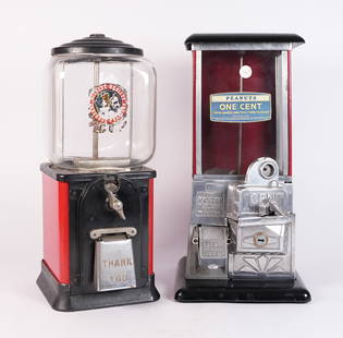 2 antique coin machines: 2 antique coin machines. Largest H: 16" x W: 8.5."