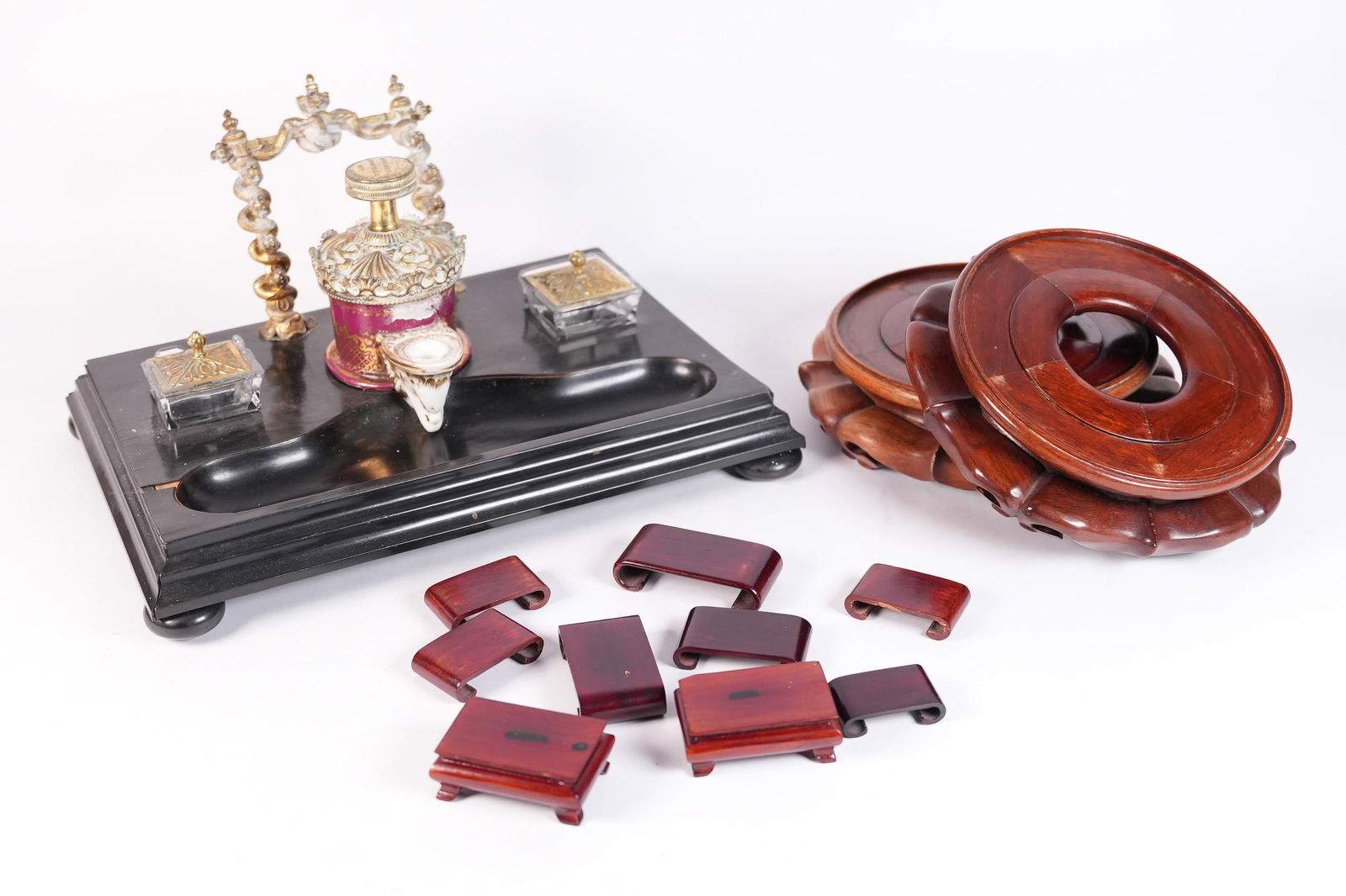 Antique inkwell and stands: Antique inkwell and stands. Has some damage. Condition selling it as is. Largest H: 13.5" x W: 9.5."