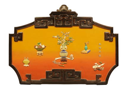 Chinese important lacquered jade panel: Chinese important antique, possible late Qing dynasty, jade carved panel. H: 33" x W: 47.2."