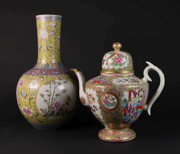 Lots Chinese fine porcelains rose medallion teapot: Lots Chinese fine vintage porcelains, largest H: 13.2" x W: 8.5." One is Chinese rose medallion teapot.