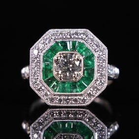 Platinum beryl emerald diamond ring 6.75 size