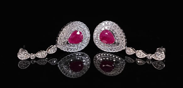 Pair platinum ruby diamond earrings
