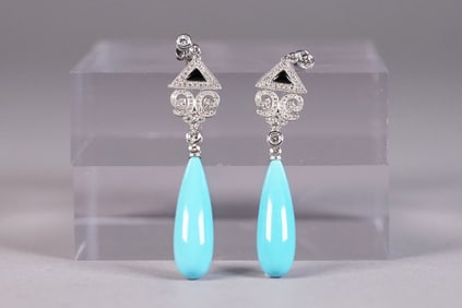 Pair platinum turquoise diamond earrings