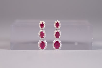 Pair platinum natural ruby diamond earrings GIA