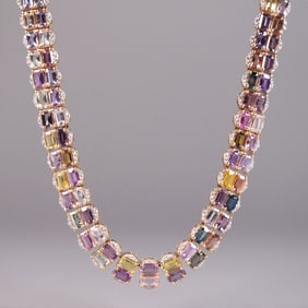 14 kt y/g natural sapphire diamond necklace GIA