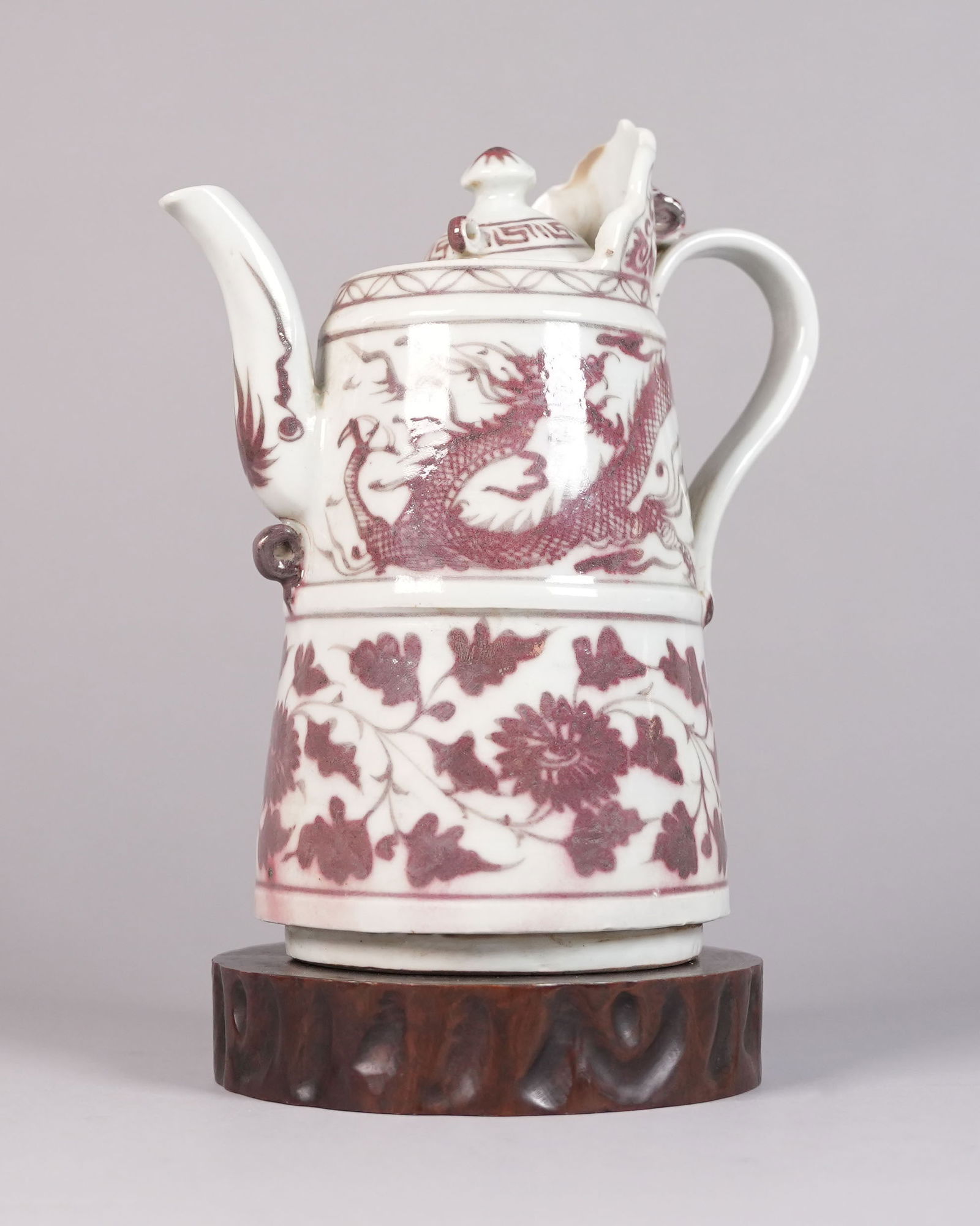 Chinese copper red dragon pot: Chinese copper red dragon handled pot. H: 8.4" x W: 7."