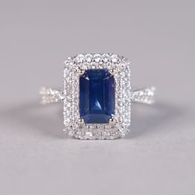 Platinum natural sapphire diamond ring GIA 6.75