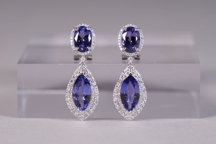 Pair platinum tanzanite diamond earrings